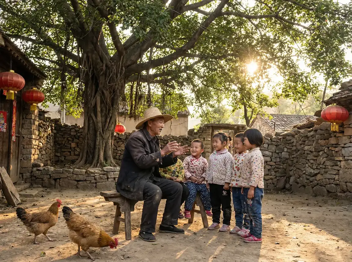老人在大榕树下给孩子们讲故事 - 百分百感觉 乡村记忆